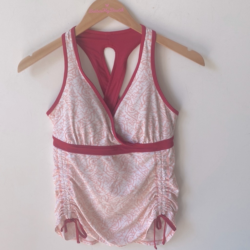 Lucy tie side scrunched Raspberry & White  Tankini, Size M
